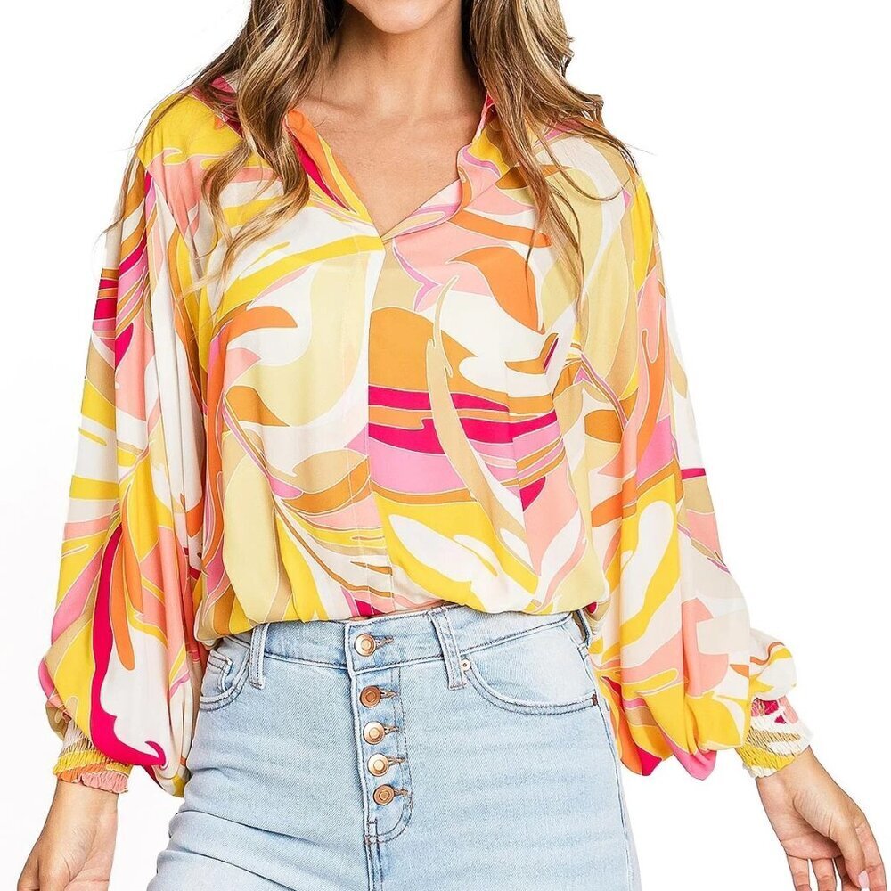 Flying Tomato Women's Chiffon 70s Groovy Long Sleeve Blouse